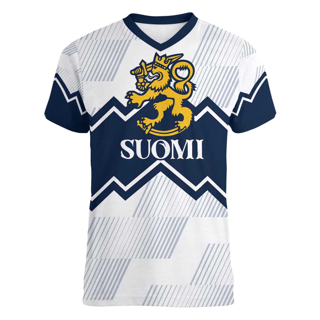 Suomi Ice Hockey Custom Women V-Neck T-Shirt Scandinavian Mountains Inspired