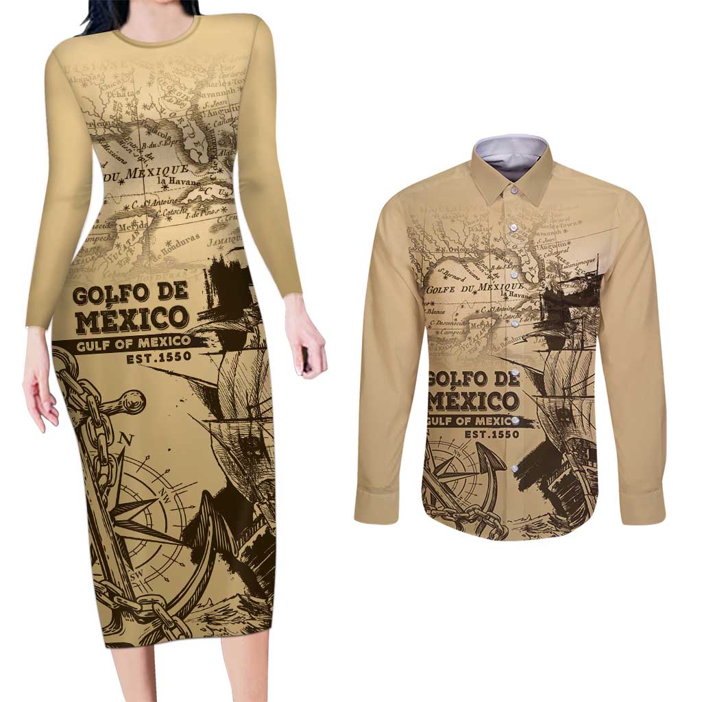 Gulf Of Mexico Vintage Map Est.1550 Couples Matching Long Sleeve Bodycon Dress and Long Sleeve Button Shirt