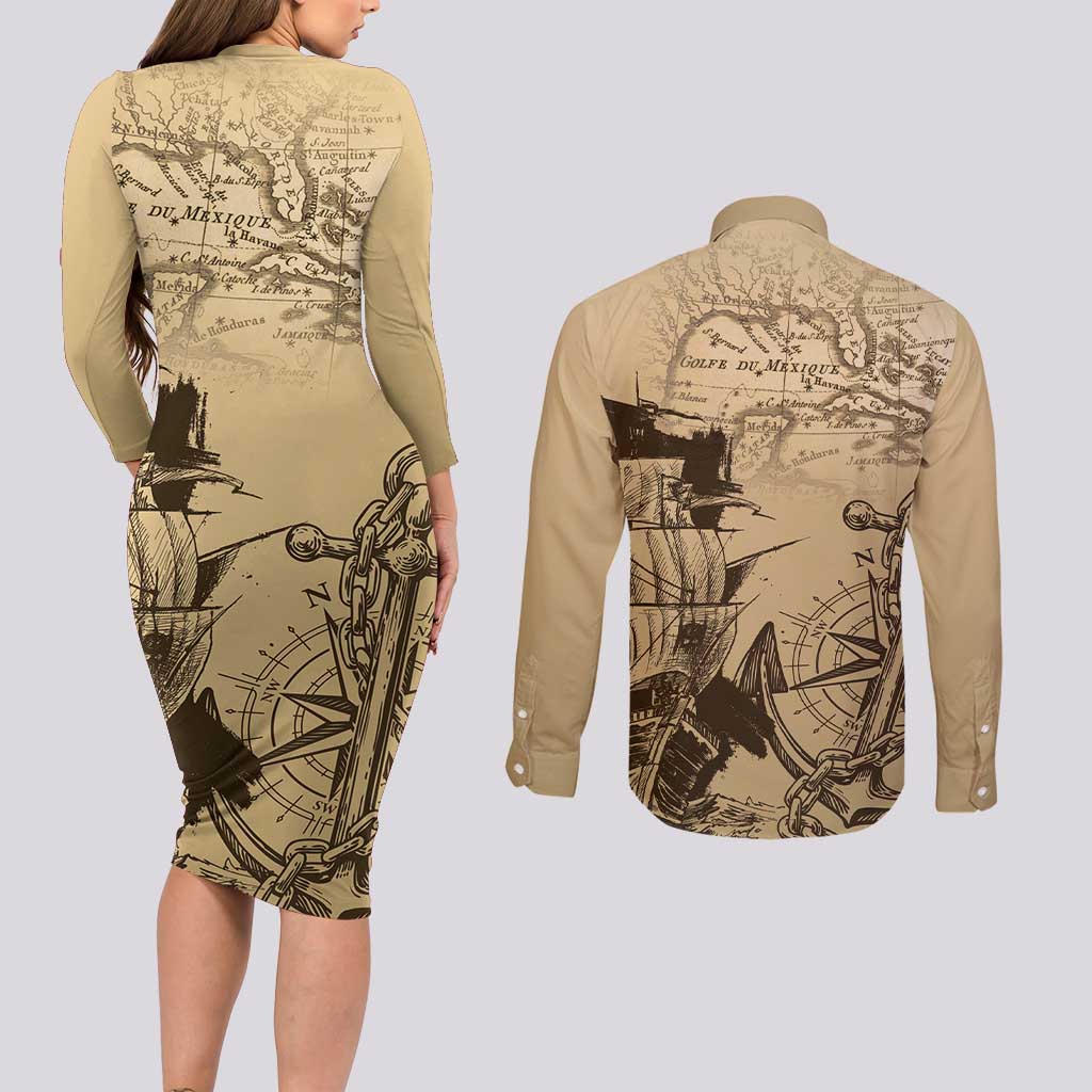 Gulf Of Mexico Vintage Map Est.1550 Couples Matching Long Sleeve Bodycon Dress and Long Sleeve Button Shirt