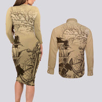 Gulf Of Mexico Vintage Map Est.1550 Couples Matching Long Sleeve Bodycon Dress and Long Sleeve Button Shirt