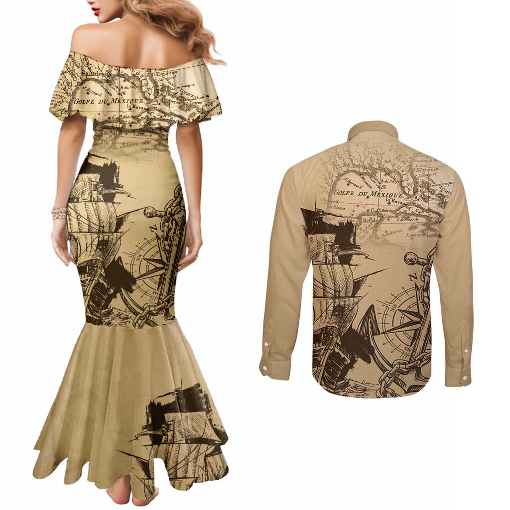 Gulf Of Mexico Vintage Map Est.1550 Couples Matching Mermaid Dress and Long Sleeve Button Shirt