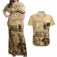 Gulf Of Mexico Vintage Map Est.1550 Couples Matching Off Shoulder Maxi Dress and Hawaiian Shirt