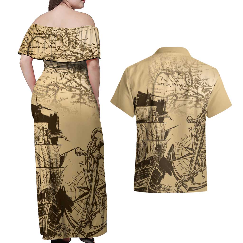 Gulf Of Mexico Vintage Map Est.1550 Couples Matching Off Shoulder Maxi Dress and Hawaiian Shirt