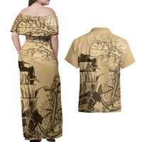 Gulf Of Mexico Vintage Map Est.1550 Couples Matching Off Shoulder Maxi Dress and Hawaiian Shirt