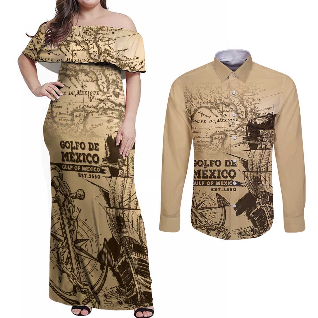 Gulf Of Mexico Vintage Map Est.1550 Couples Matching Off Shoulder Maxi Dress and Long Sleeve Button Shirt