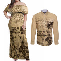 Gulf Of Mexico Vintage Map Est.1550 Couples Matching Off Shoulder Maxi Dress and Long Sleeve Button Shirt