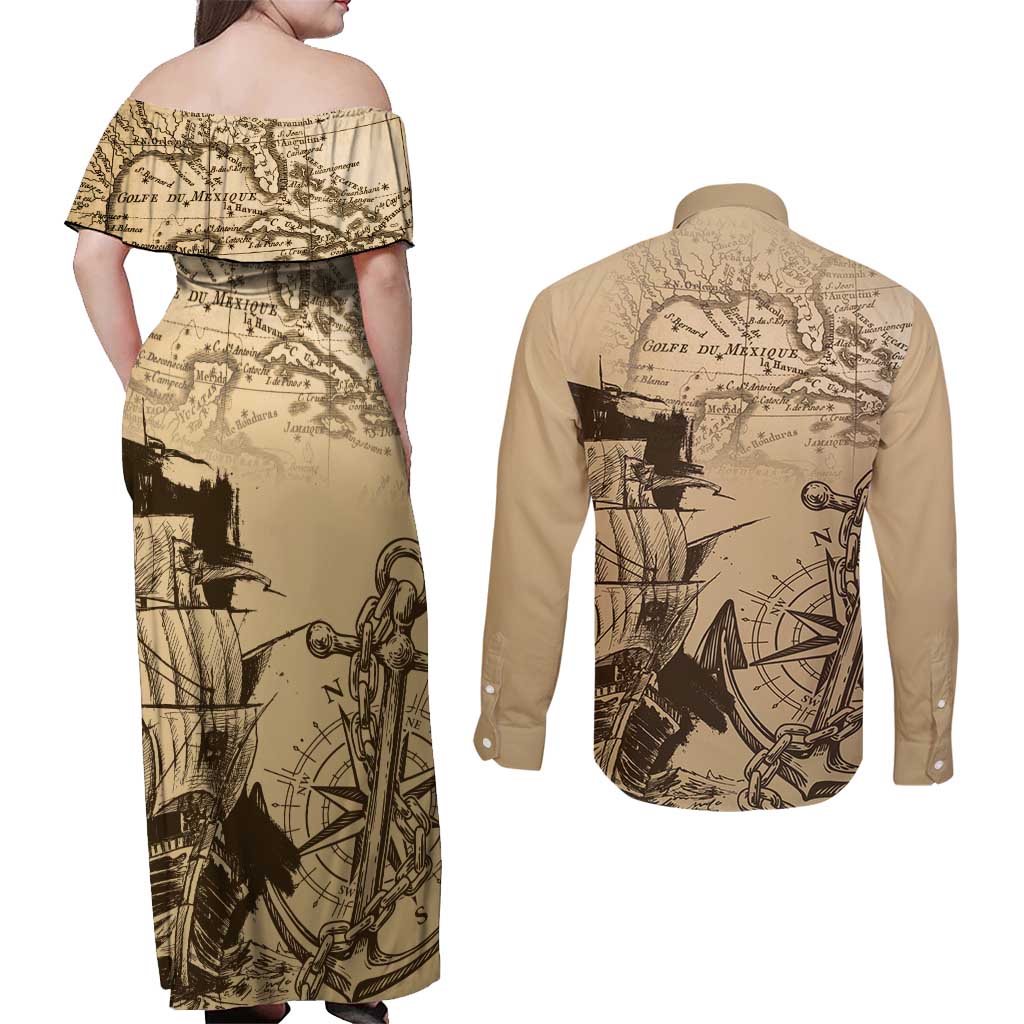 Gulf Of Mexico Vintage Map Est.1550 Couples Matching Off Shoulder Maxi Dress and Long Sleeve Button Shirt