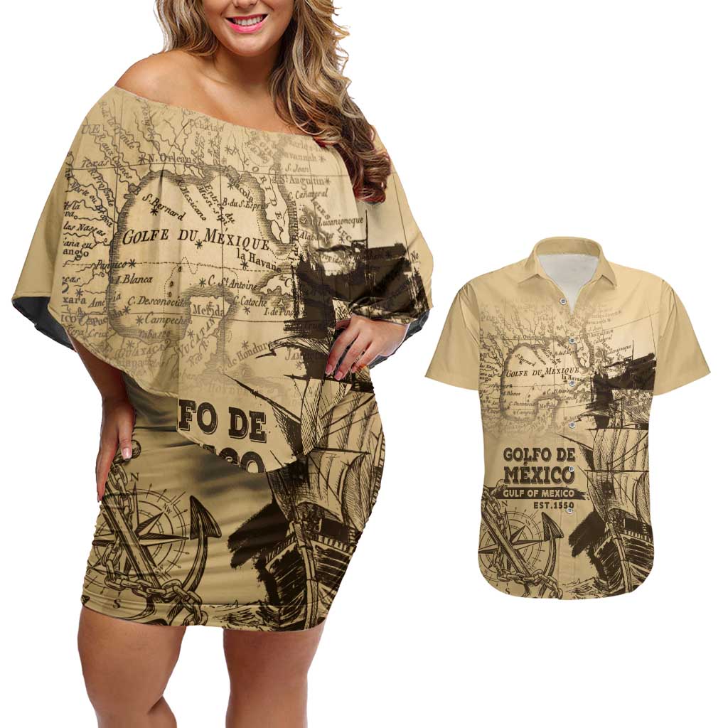 Gulf Of Mexico Vintage Map Est.1550 Couples Matching Off Shoulder Short Dress and Hawaiian Shirt
