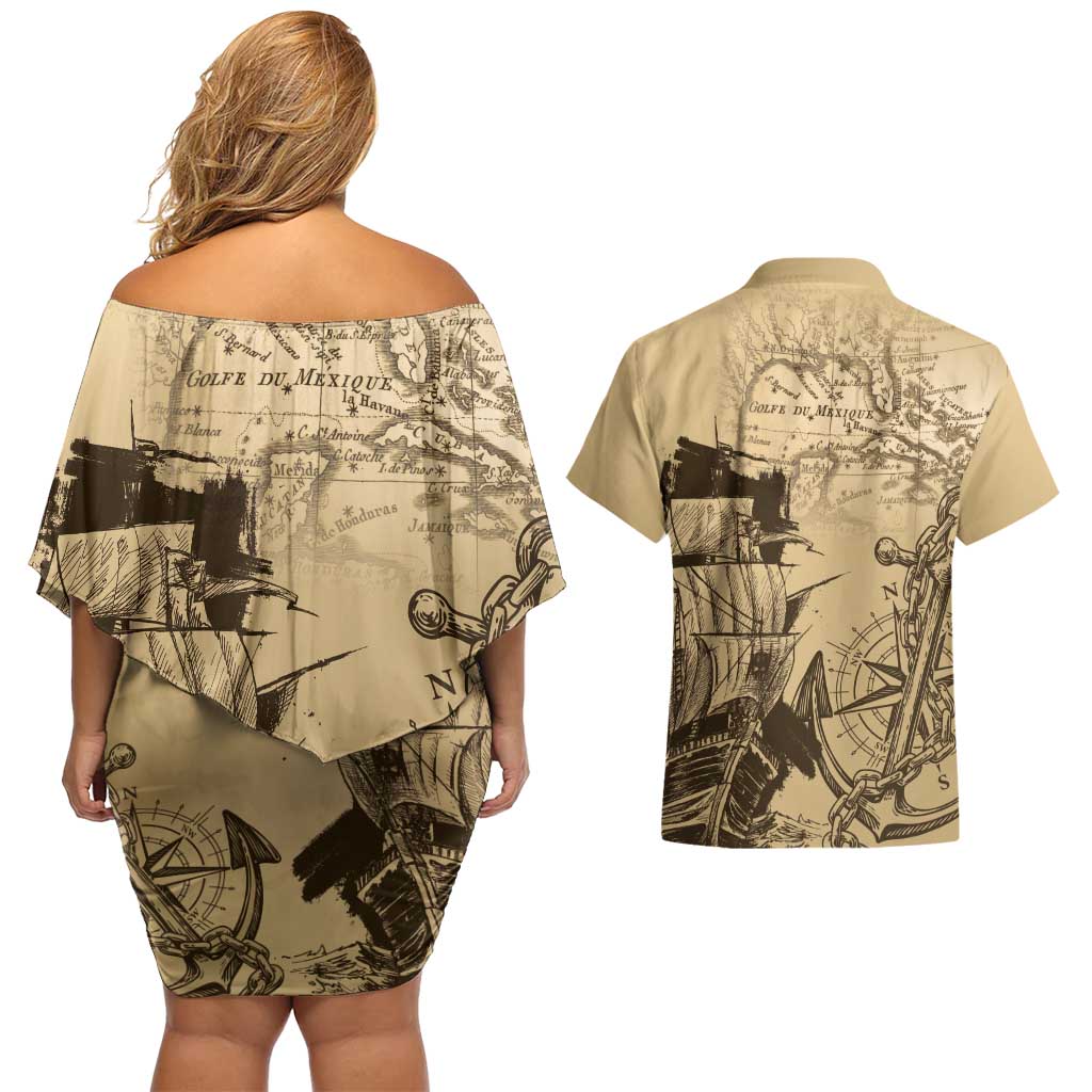 Gulf Of Mexico Vintage Map Est.1550 Couples Matching Off Shoulder Short Dress and Hawaiian Shirt
