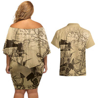 Gulf Of Mexico Vintage Map Est.1550 Couples Matching Off Shoulder Short Dress and Hawaiian Shirt