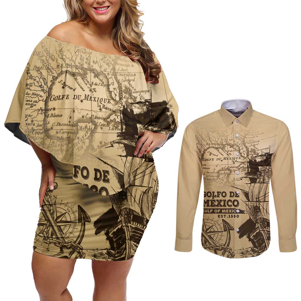Gulf Of Mexico Vintage Map Est.1550 Couples Matching Off Shoulder Short Dress and Long Sleeve Button Shirt