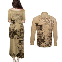 Gulf Of Mexico Vintage Map Est.1550 Couples Matching Puletasi and Long Sleeve Button Shirt