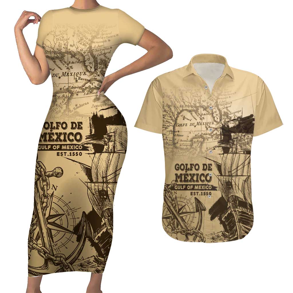 Gulf Of Mexico Vintage Map Est.1550 Couples Matching Short Sleeve Bodycon Dress and Hawaiian Shirt