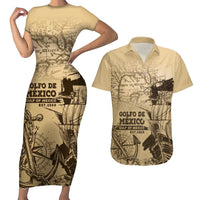 Gulf Of Mexico Vintage Map Est.1550 Couples Matching Short Sleeve Bodycon Dress and Hawaiian Shirt