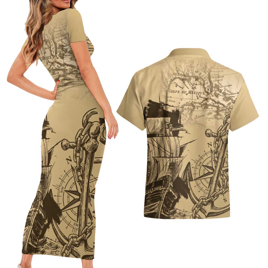 Gulf Of Mexico Vintage Map Est.1550 Couples Matching Short Sleeve Bodycon Dress and Hawaiian Shirt