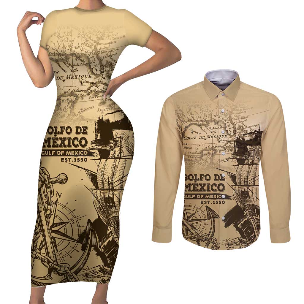Gulf Of Mexico Vintage Map Est.1550 Couples Matching Short Sleeve Bodycon Dress and Long Sleeve Button Shirt