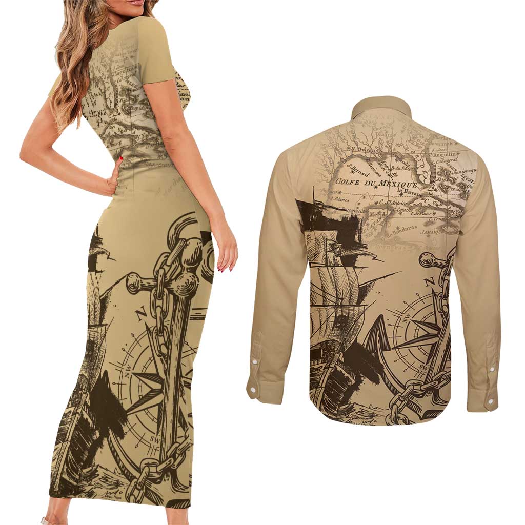 Gulf Of Mexico Vintage Map Est.1550 Couples Matching Short Sleeve Bodycon Dress and Long Sleeve Button Shirt