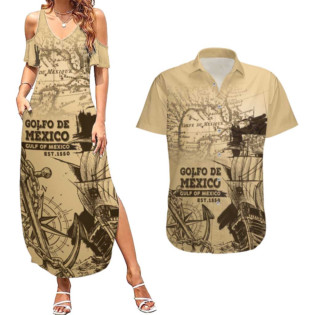 Gulf Of Mexico Vintage Map Est.1550 Couples Matching Summer Maxi Dress and Hawaiian Shirt