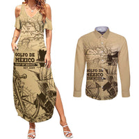 Gulf Of Mexico Vintage Map Est.1550 Couples Matching Summer Maxi Dress and Long Sleeve Button Shirt
