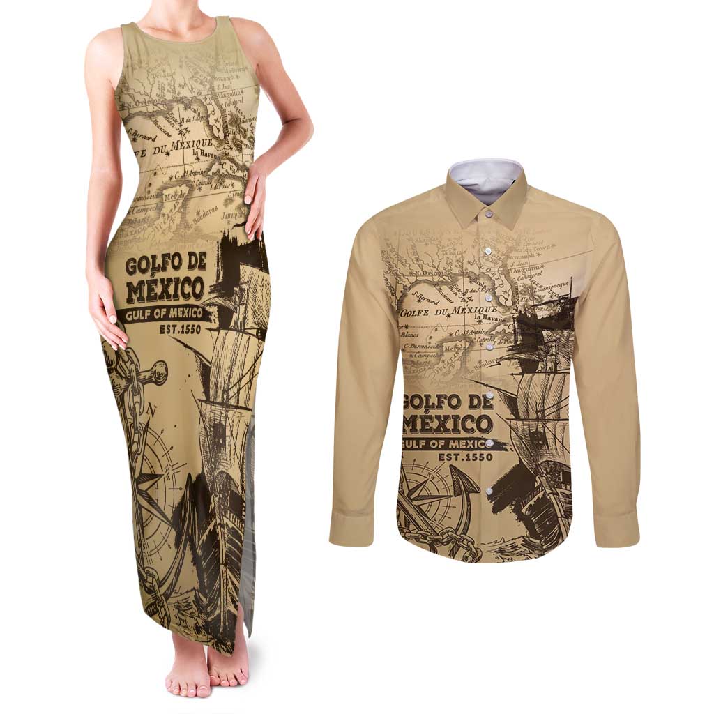 Gulf Of Mexico Vintage Map Est.1550 Couples Matching Tank Maxi Dress and Long Sleeve Button Shirt