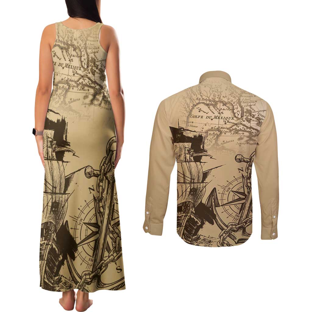Gulf Of Mexico Vintage Map Est.1550 Couples Matching Tank Maxi Dress and Long Sleeve Button Shirt