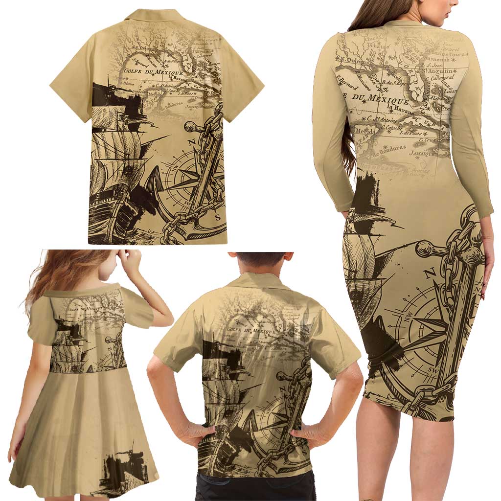 Gulf Of Mexico Vintage Map Est.1550 Family Matching Long Sleeve Bodycon Dress and Hawaiian Shirt