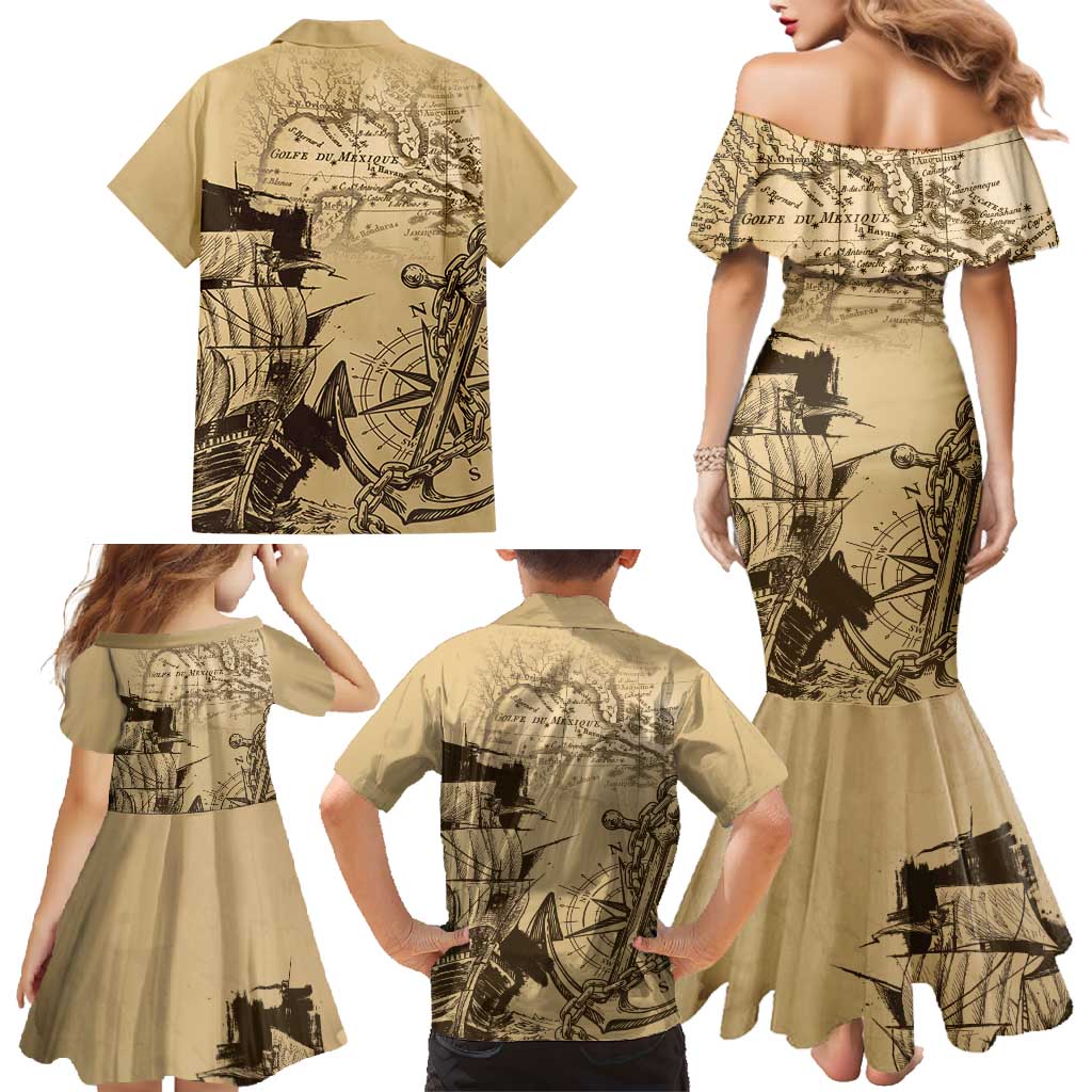 Gulf Of Mexico Vintage Map Est.1550 Family Matching Mermaid Dress and Hawaiian Shirt