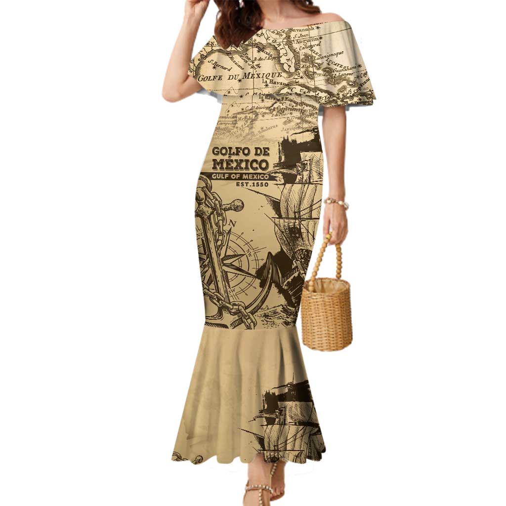 Gulf Of Mexico Vintage Map Est.1550 Family Matching Mermaid Dress and Hawaiian Shirt