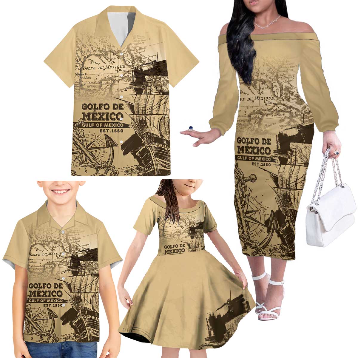 Gulf Of Mexico Vintage Map Est.1550 Family Matching Off The Shoulder Long Sleeve Dress and Hawaiian Shirt
