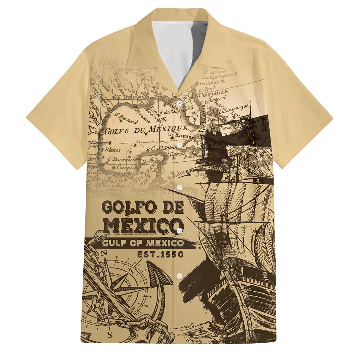 Gulf Of Mexico Vintage Map Est.1550 Family Matching Off The Shoulder Long Sleeve Dress and Hawaiian Shirt