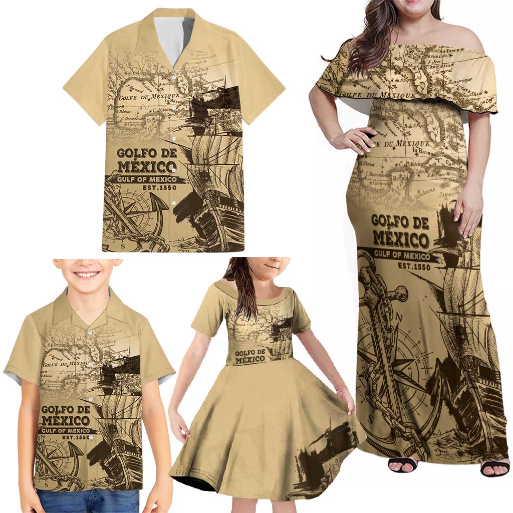 Gulf Of Mexico Vintage Map Est.1550 Family Matching Off Shoulder Maxi Dress and Hawaiian Shirt
