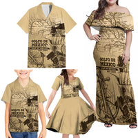 Gulf Of Mexico Vintage Map Est.1550 Family Matching Off Shoulder Maxi Dress and Hawaiian Shirt