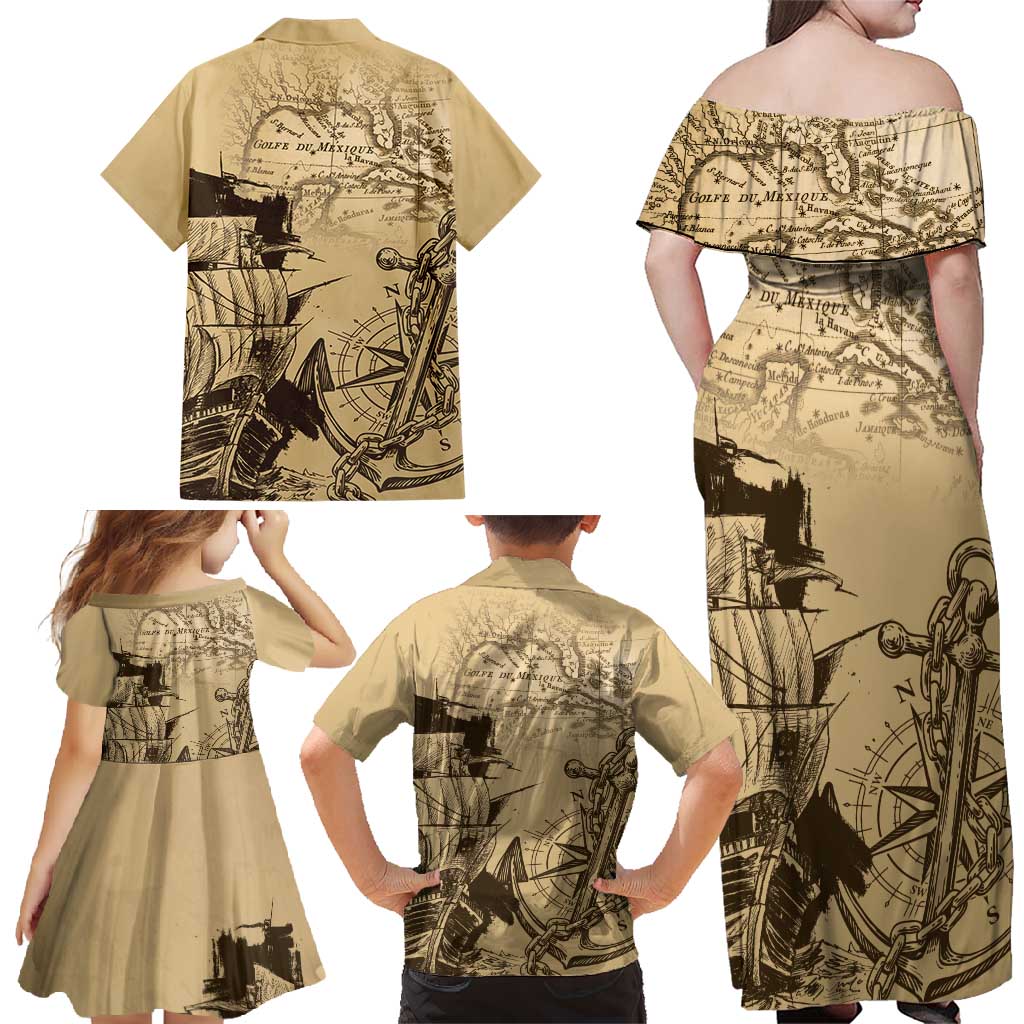Gulf Of Mexico Vintage Map Est.1550 Family Matching Off Shoulder Maxi Dress and Hawaiian Shirt