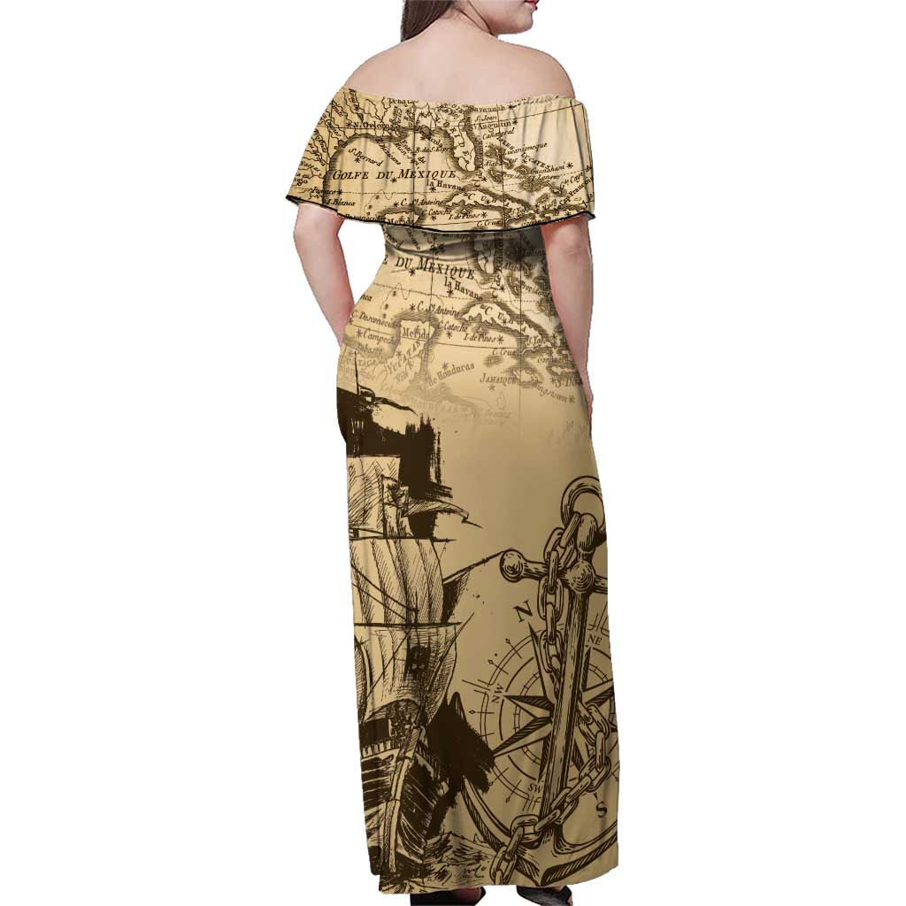 Gulf Of Mexico Vintage Map Est.1550 Family Matching Off Shoulder Maxi Dress and Hawaiian Shirt