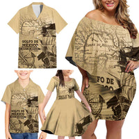 Gulf Of Mexico Vintage Map Est.1550 Family Matching Off Shoulder Short Dress and Hawaiian Shirt