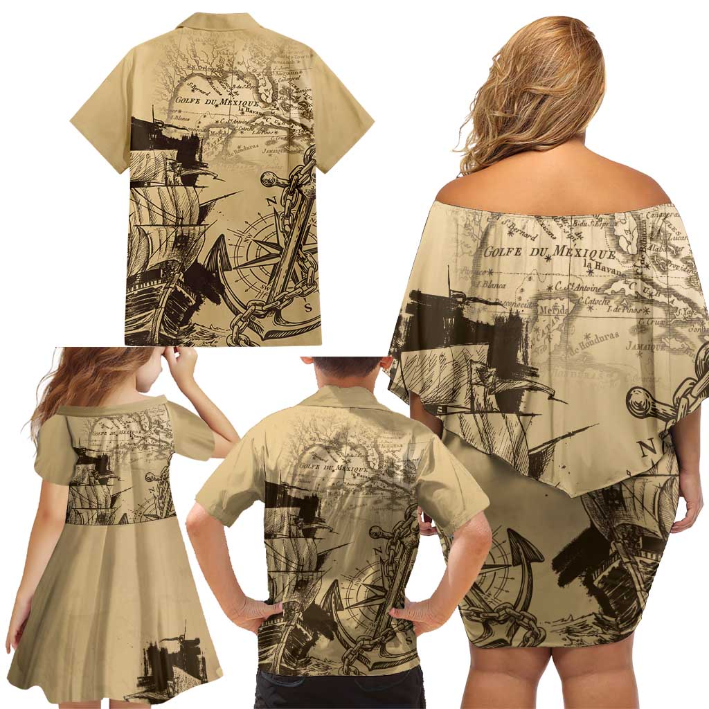 Gulf Of Mexico Vintage Map Est.1550 Family Matching Off Shoulder Short Dress and Hawaiian Shirt