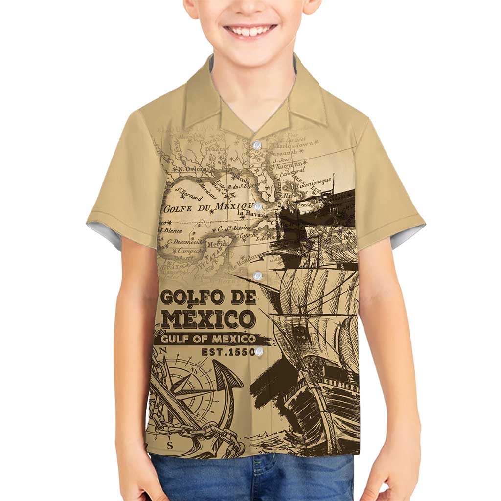 Gulf Of Mexico Vintage Map Est.1550 Family Matching Off Shoulder Short Dress and Hawaiian Shirt