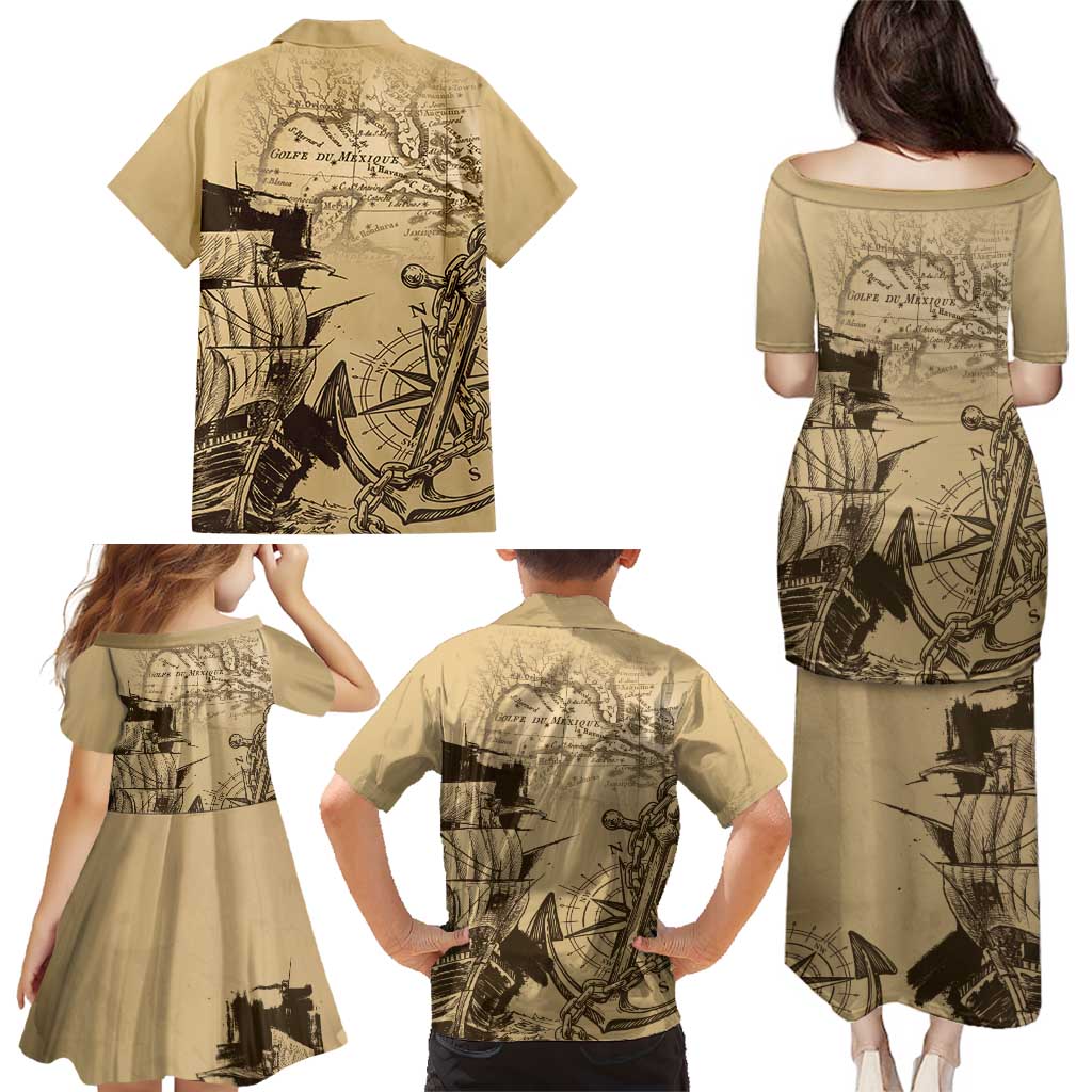 Gulf Of Mexico Vintage Map Est.1550 Family Matching Puletasi and Hawaiian Shirt