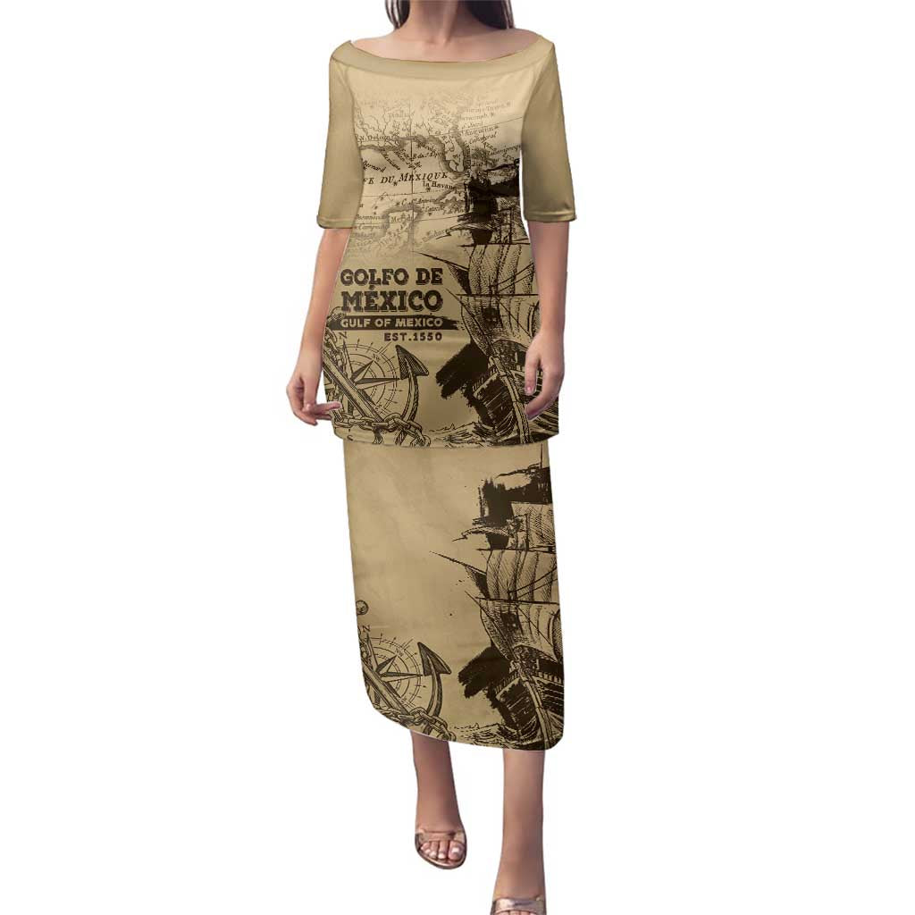 Gulf Of Mexico Vintage Map Est.1550 Family Matching Puletasi and Hawaiian Shirt