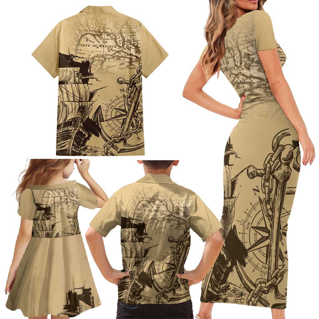 Gulf Of Mexico Vintage Map Est.1550 Family Matching Short Sleeve Bodycon Dress and Hawaiian Shirt