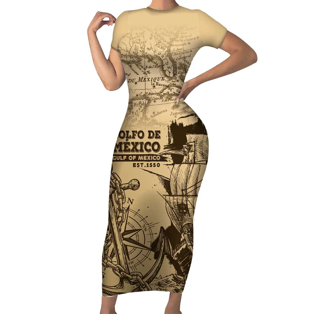 Gulf Of Mexico Vintage Map Est.1550 Family Matching Short Sleeve Bodycon Dress and Hawaiian Shirt