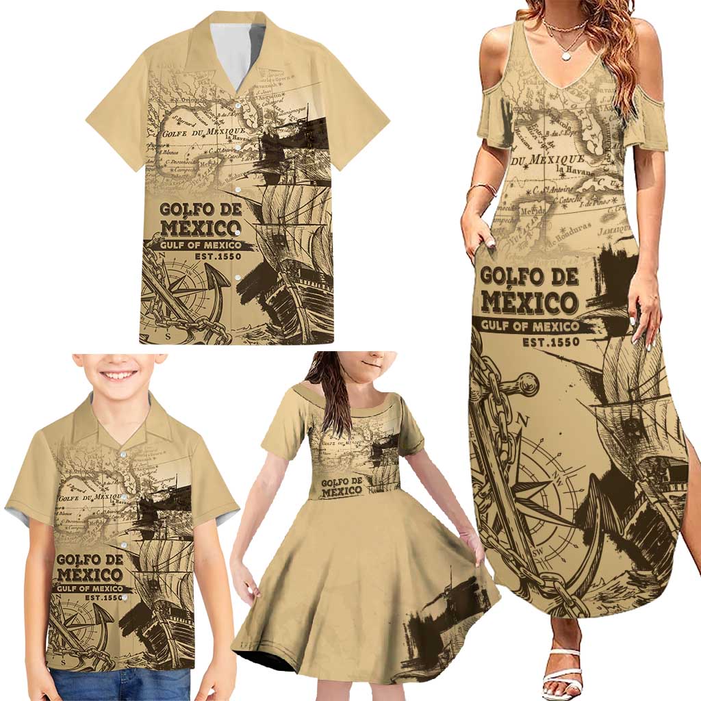 Gulf Of Mexico Vintage Map Est.1550 Family Matching Summer Maxi Dress and Hawaiian Shirt