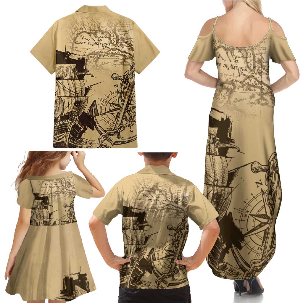 Gulf Of Mexico Vintage Map Est.1550 Family Matching Summer Maxi Dress and Hawaiian Shirt