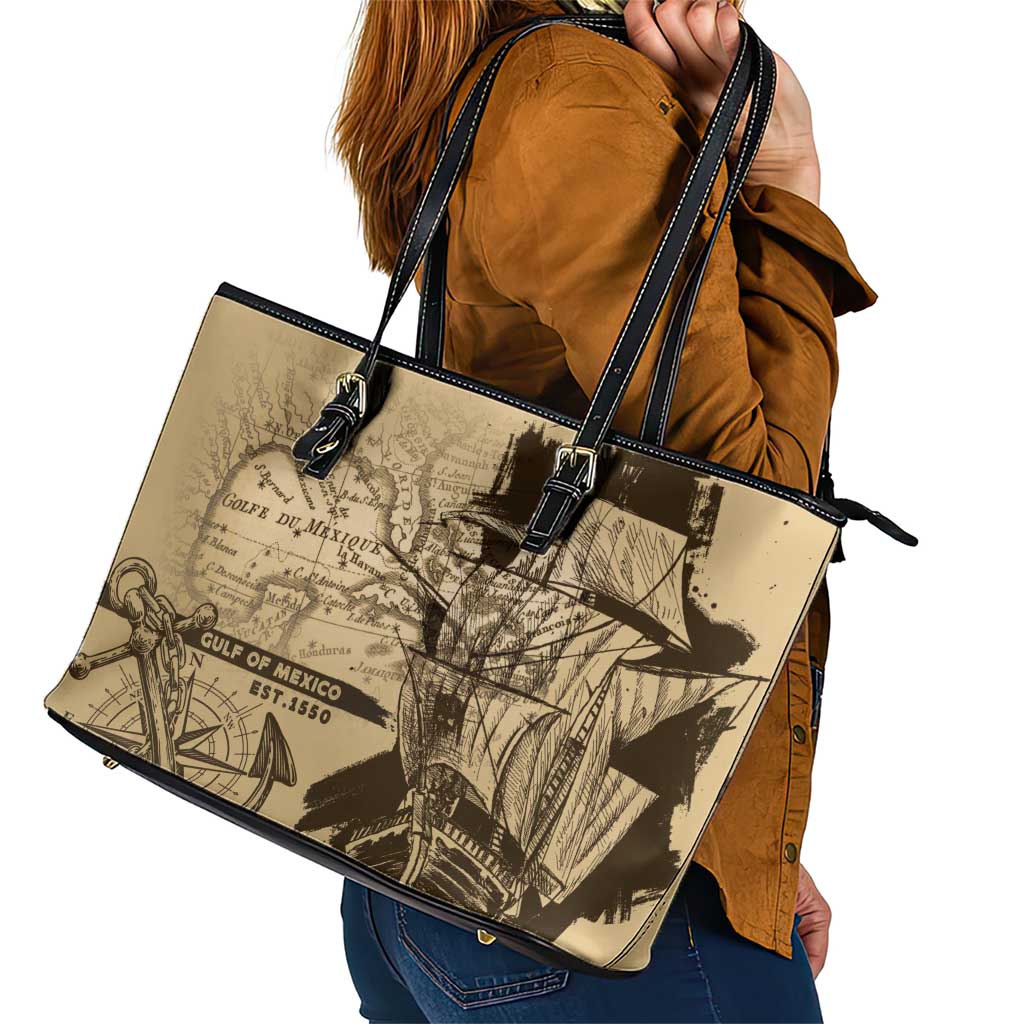 Gulf Of Mexico Vintage Map Est.1550 Leather Tote Bag