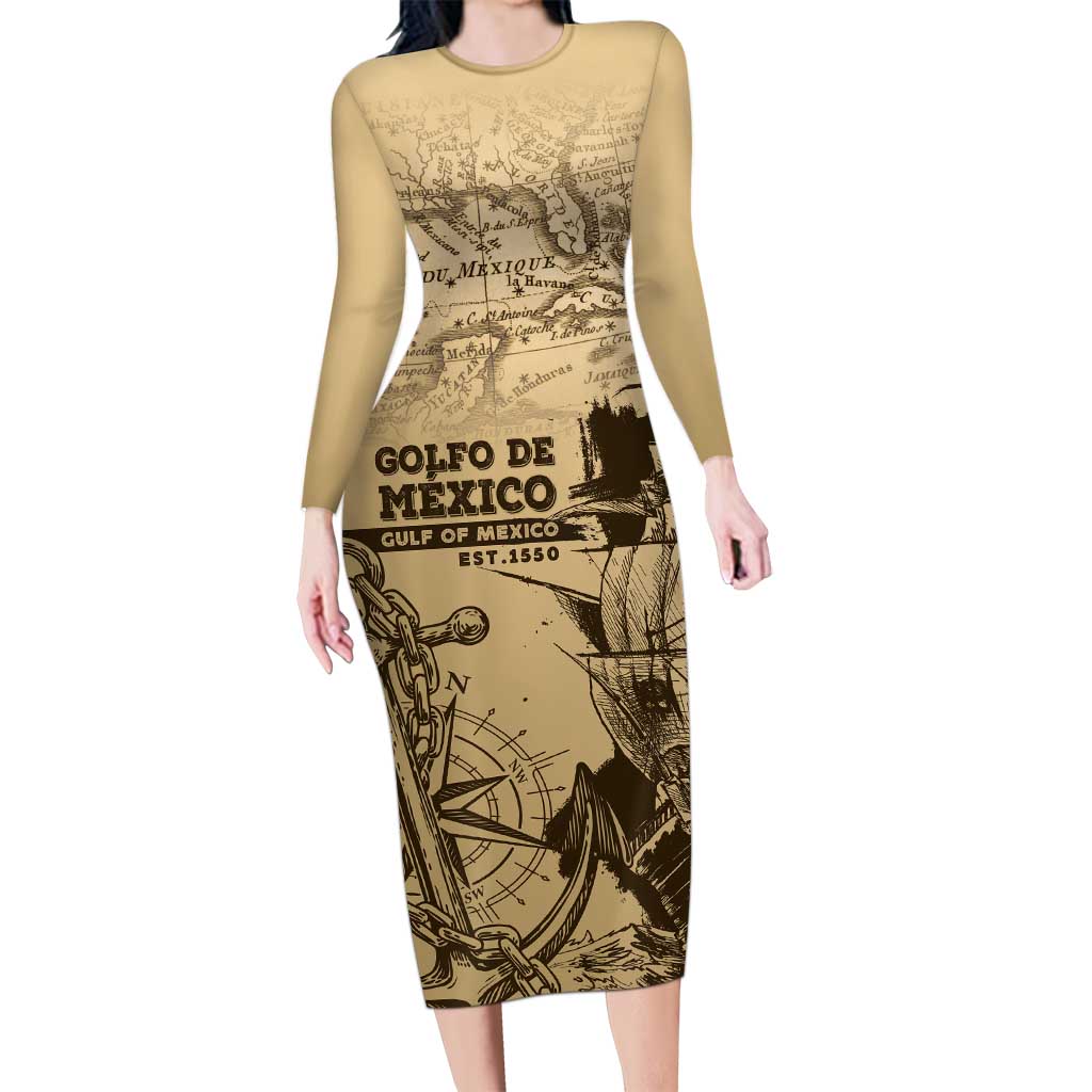 Gulf Of Mexico Vintage Map Est.1550 Long Sleeve Bodycon Dress