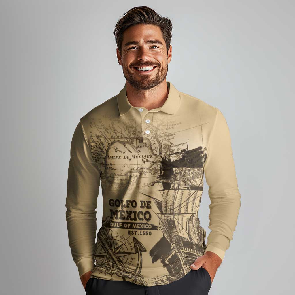 Gulf Of Mexico Vintage Map Est.1550 Long Sleeve Polo Shirt