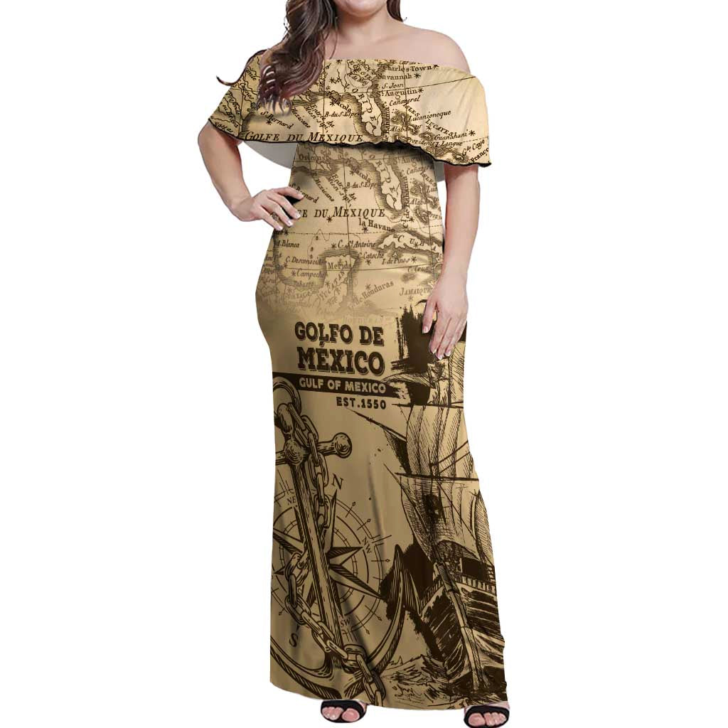 Gulf Of Mexico Vintage Map Est.1550 Off Shoulder Maxi Dress