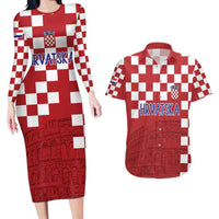 Croatia Football 2025 Custom Couples Matching Long Sleeve Bodycon Dress and Hawaiian Shirt Red Hrvatska Kockasti - Pula Arena