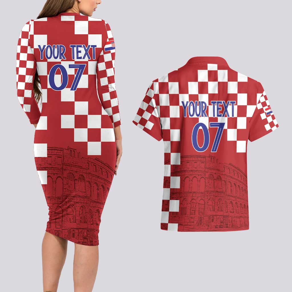Croatia Football 2025 Custom Couples Matching Long Sleeve Bodycon Dress and Hawaiian Shirt Red Hrvatska Kockasti - Pula Arena