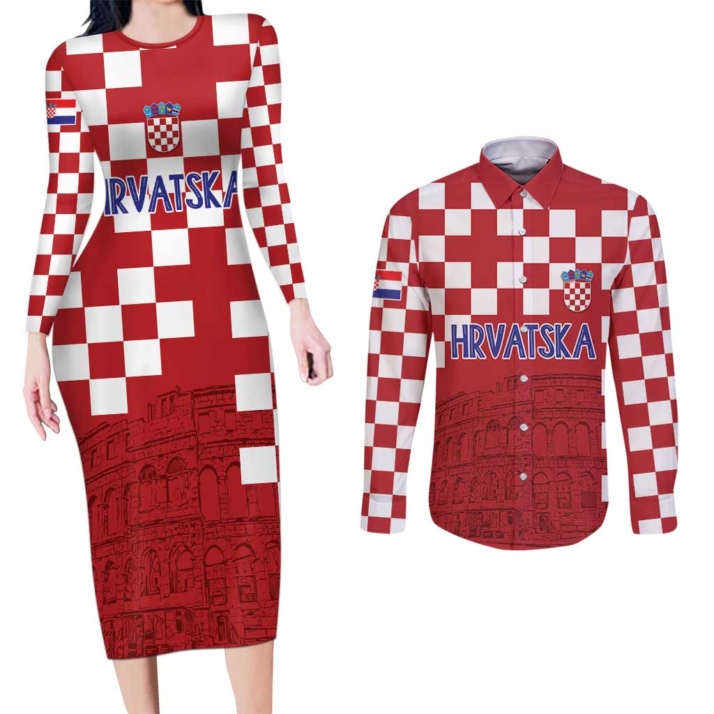 Croatia Football 2025 Custom Couples Matching Long Sleeve Bodycon Dress and Long Sleeve Button Shirt Red Hrvatska Kockasti - Pula Arena